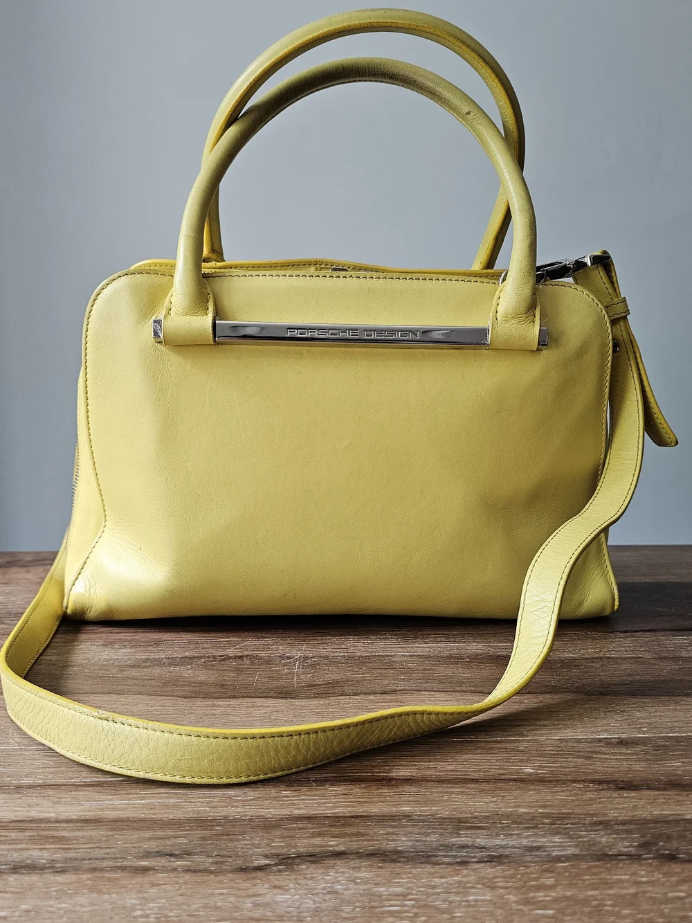 Porsche Design Yellow Leather Twin Satchel Shoulder Bag Italy Handbag Purse